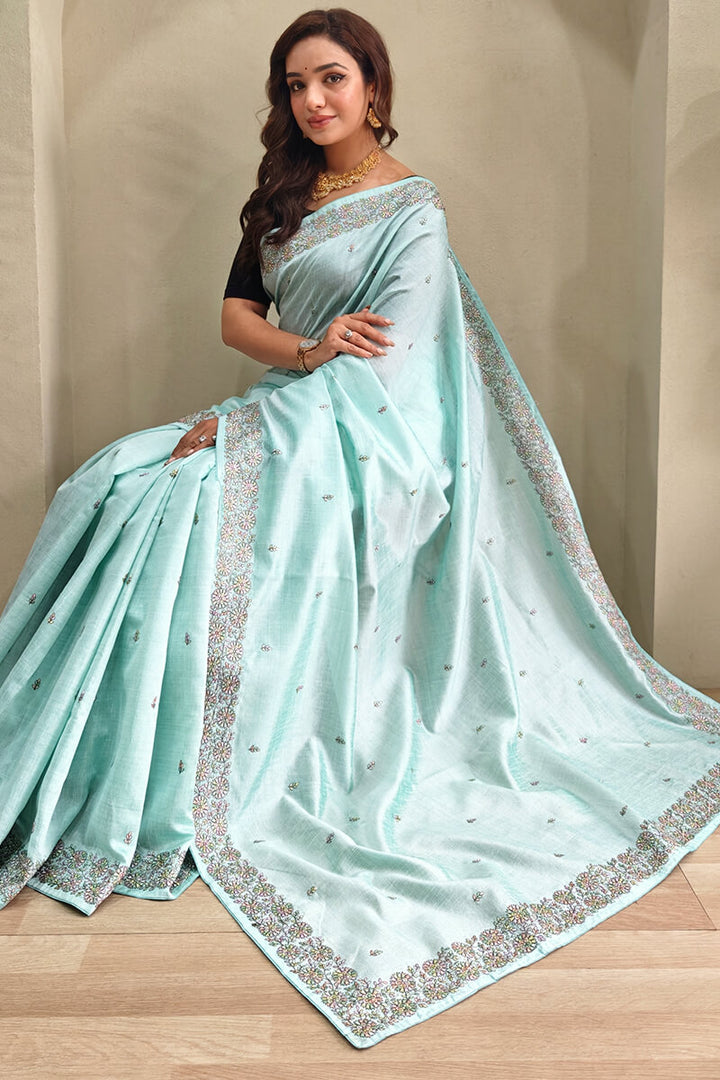 Pattens Blue Embroidered Pure Loom Tussar Silk Saree