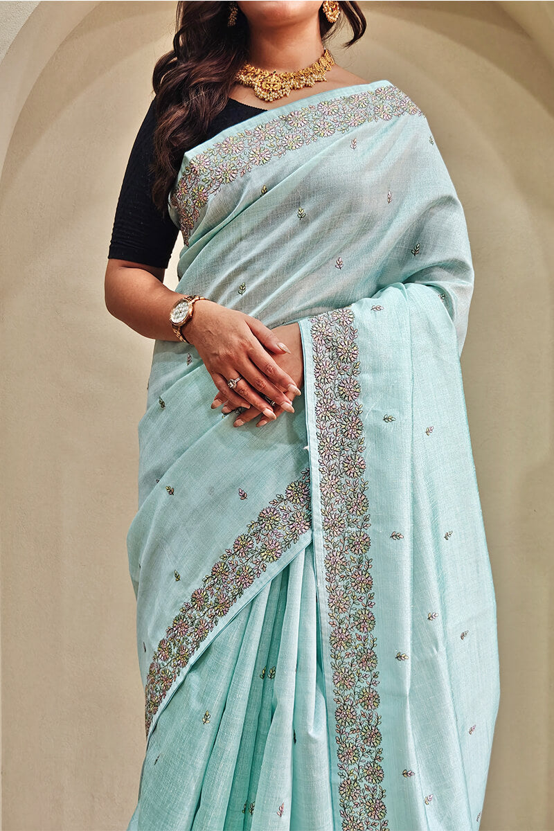 Pattens Blue Embroidered Pure Loom Tussar Silk Saree