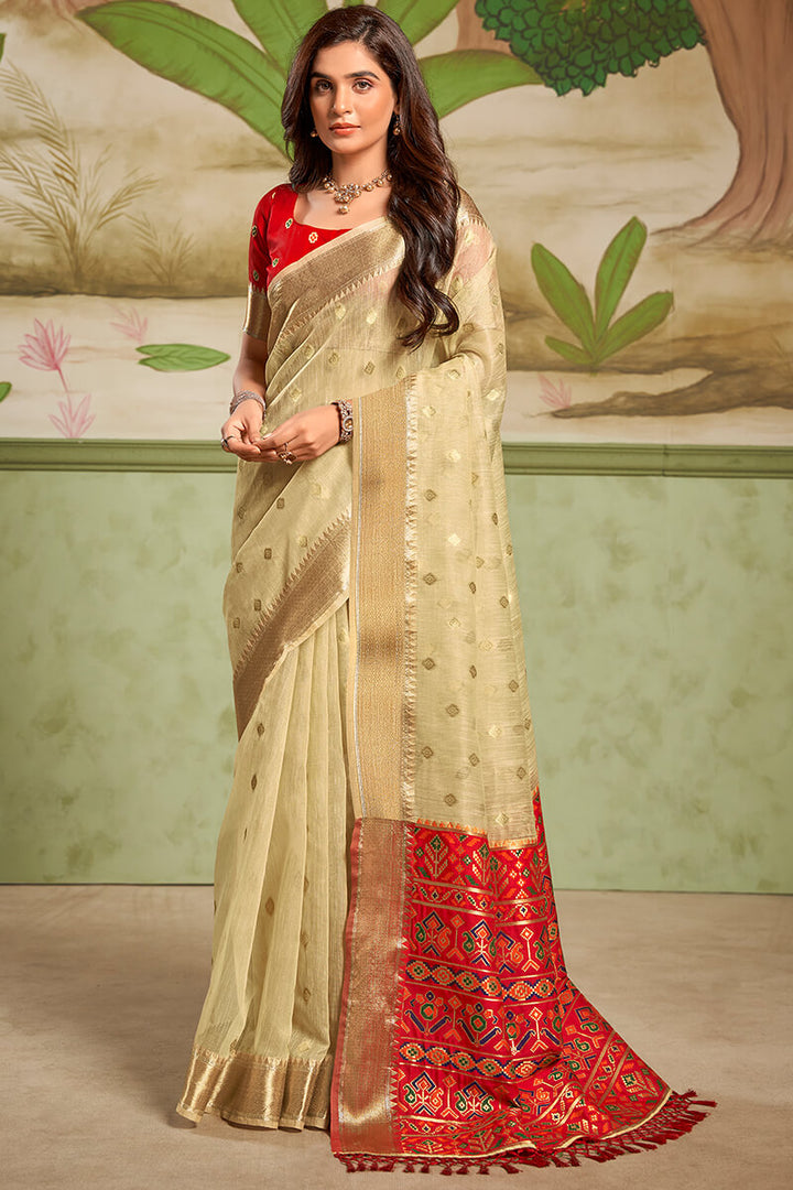 Pavlova Beige Banarasi Tissue Silk Saree