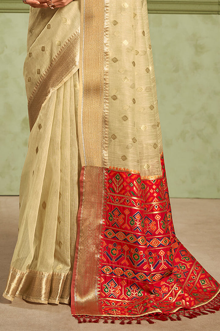 Pavlova Beige Banarasi Tissue Silk Saree