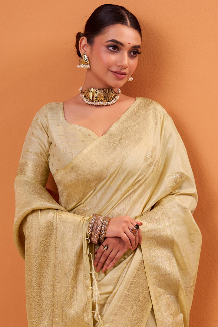 Pavlova Beige Banarasi Tussar Silk Saree