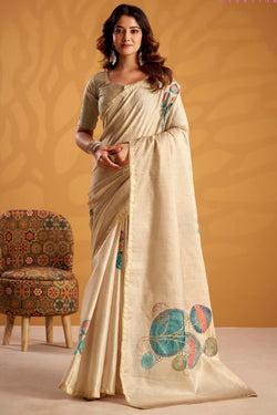 Pavlova Beige Kasheeda work Tussar Silk Saree