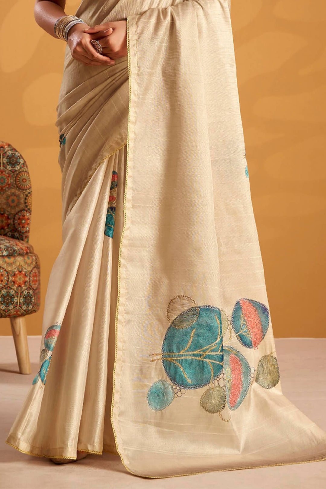 Pavlova Beige Kasheeda work Tussar Silk Saree