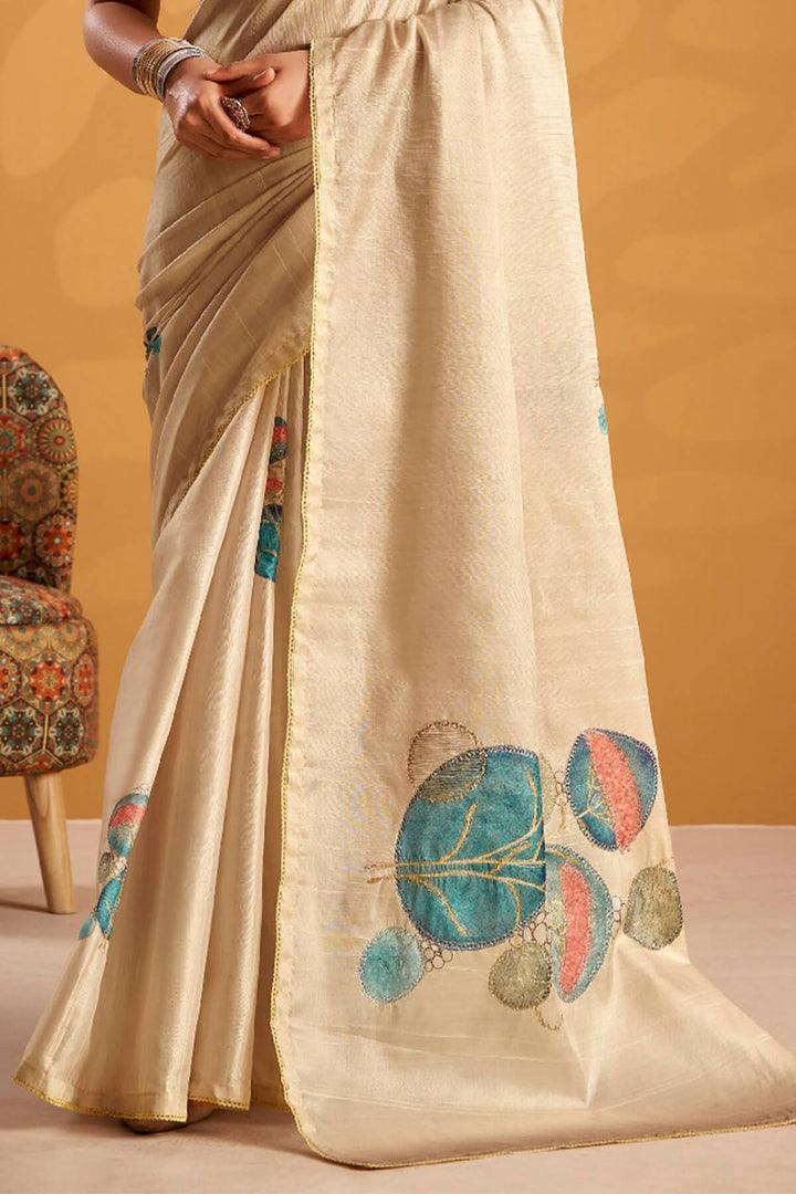 Pavlova Beige Kasheeda work Tussar Silk Saree