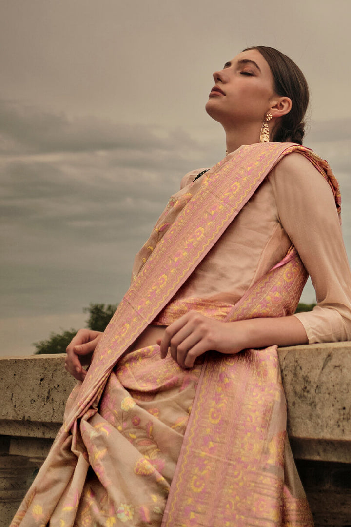 Pavlova Beige Kashmiri Modal Organza Silk Saree