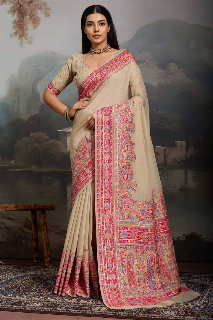 Pavlova Beige Kashmiri Modal Pashmina Silk Saree