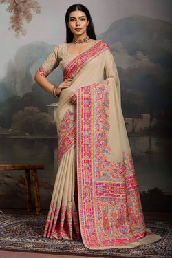 Pavlova Beige Kashmiri Modal Pashmina Silk Saree