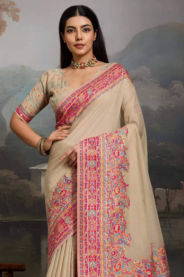 Pavlova Beige Kashmiri Modal Pashmina Silk Saree