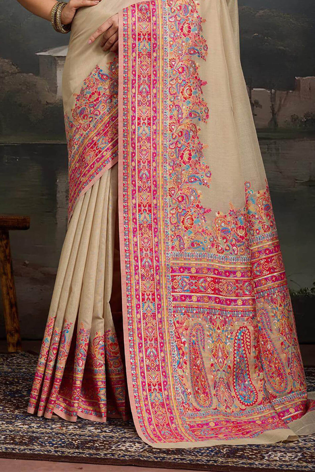 Pavlova Beige Kashmiri Modal Pashmina Silk Saree