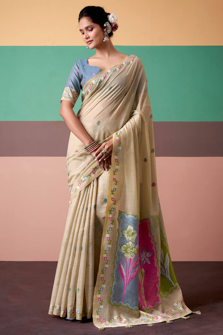 Pavlova Beige Munga Cotton Silk Saree