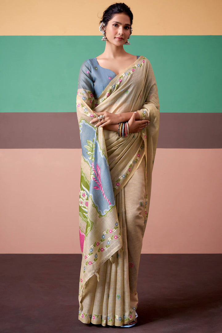 Pavlova Beige Munga Cotton Silk Saree