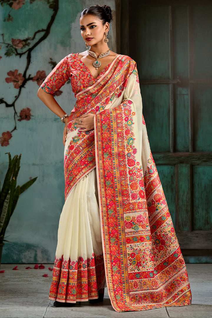 Pavlova Beige Pashmina Silk Saree