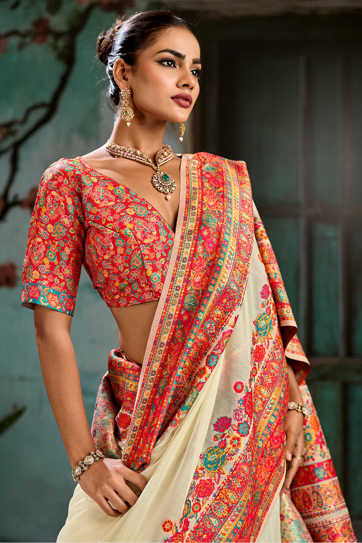 Pavlova Beige Pashmina Silk Saree