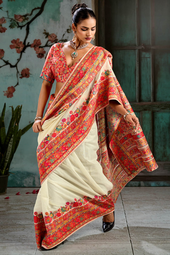 Pavlova Beige Pashmina Silk Saree