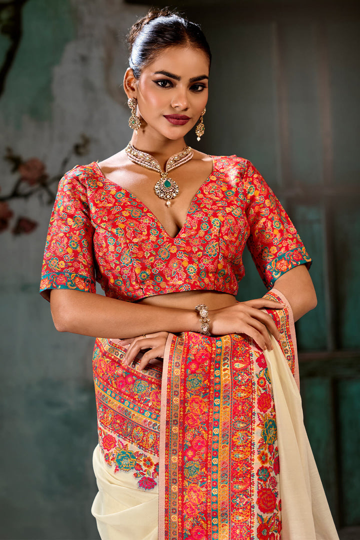Pavlova Beige Pashmina Silk Saree