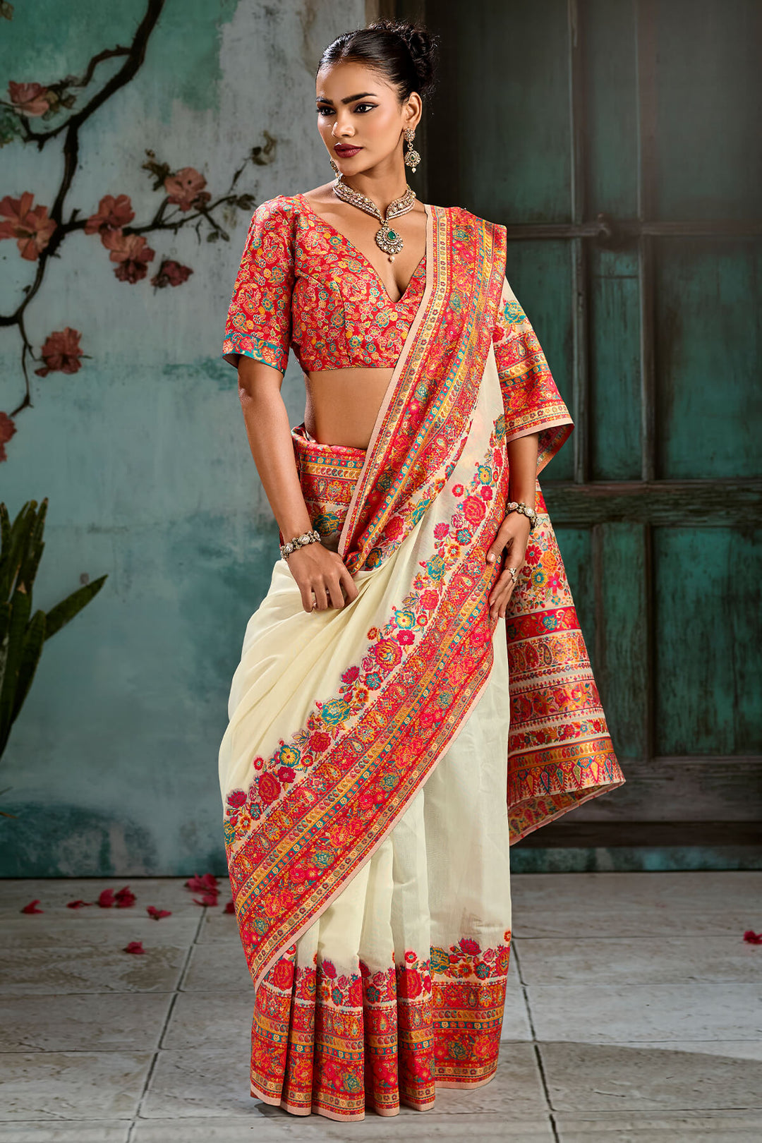 Pavlova Beige Pashmina Silk Saree