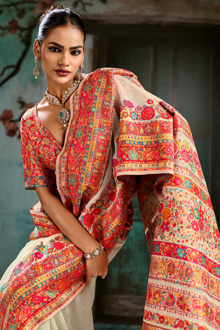 Pavlova Beige Pashmina Silk Saree
