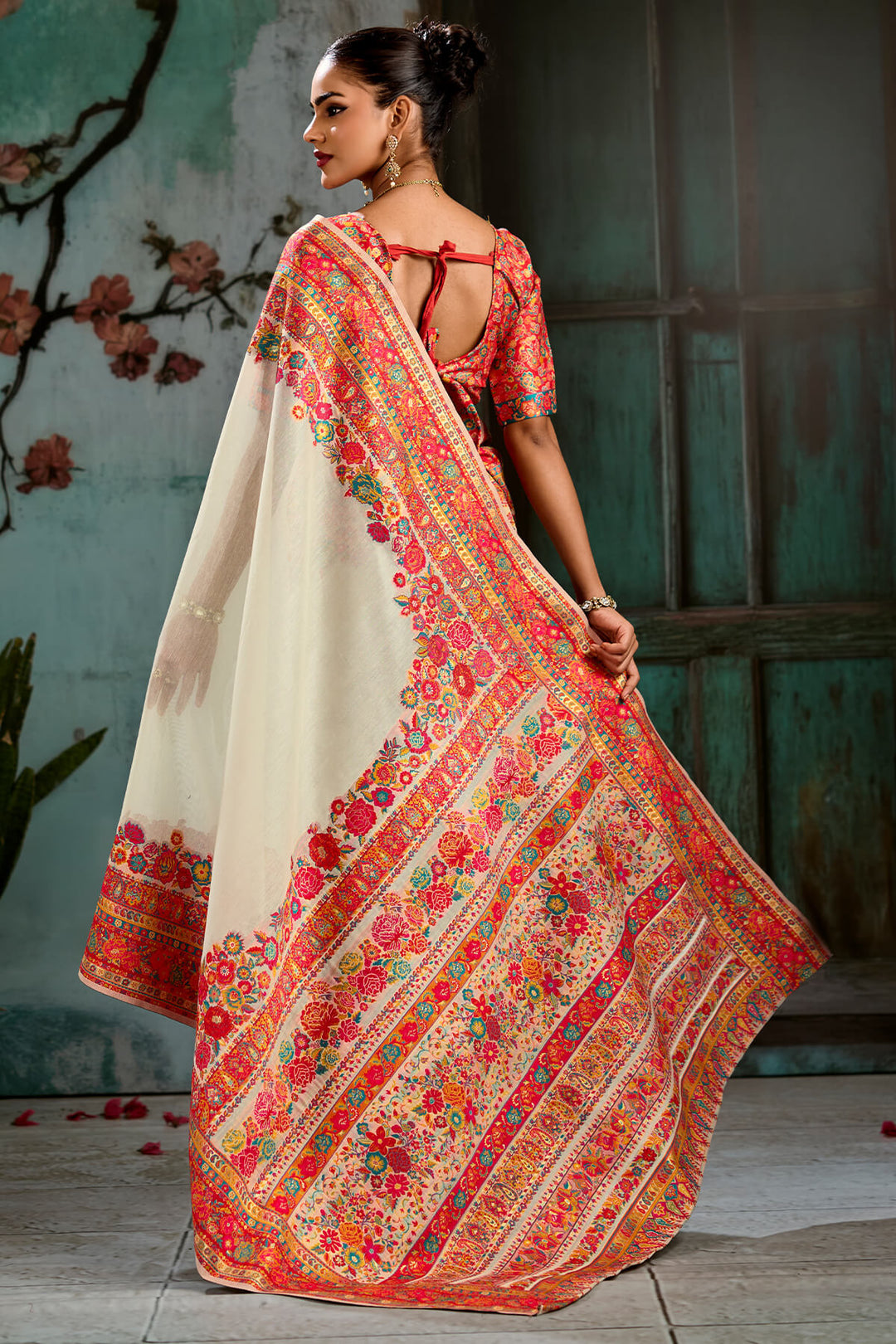 Pavlova Beige Pashmina Silk Saree