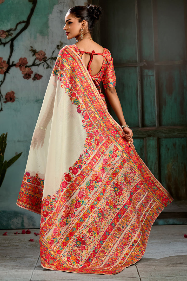 Pavlova Beige Pashmina Silk Saree