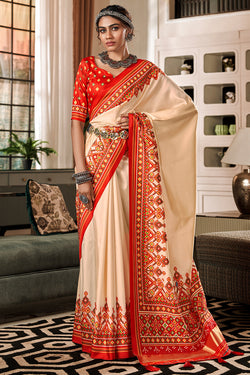 Pavlova Beige Patola Silk Saree