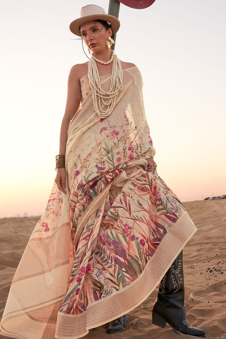 Pavlova Beige Printed Linen silk saree