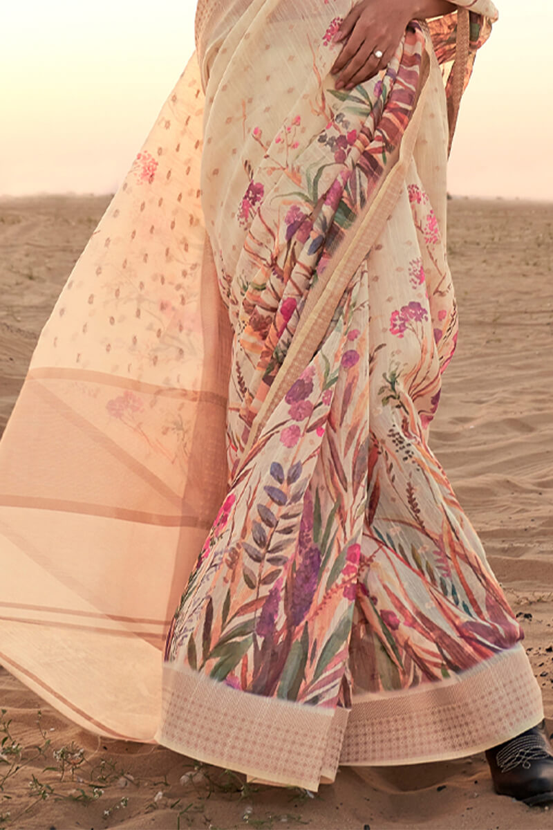 Pavlova Beige Printed Linen silk saree