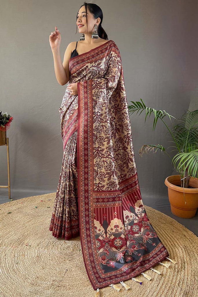 Pavlova Beige Printed Soft Silk Saree