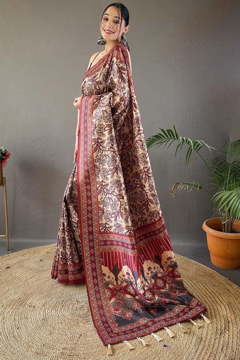 Pavlova Beige Printed Soft Silk Saree