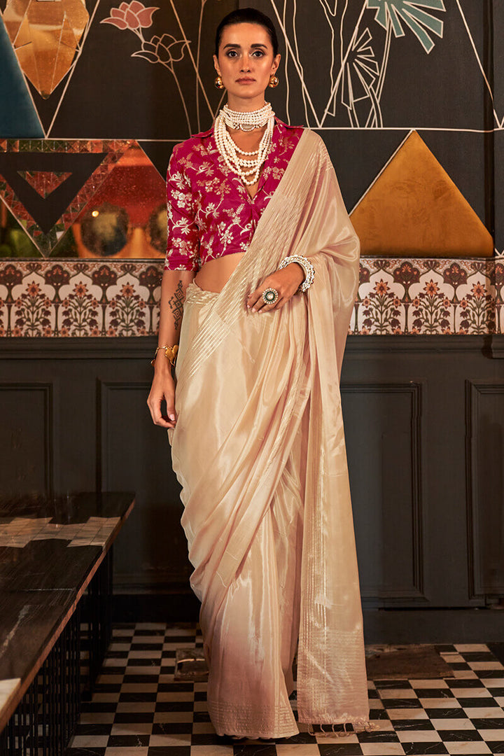 Pavlova Beige Soft Banarasi Viscose Saree