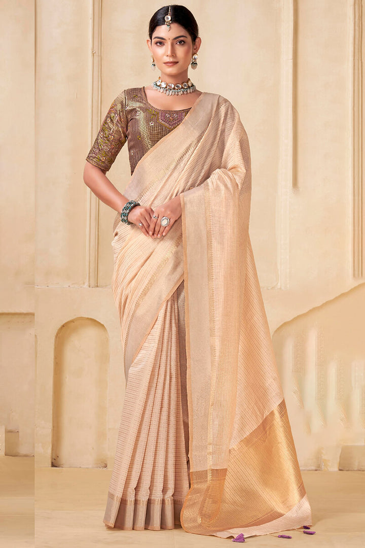 Pavlova Beige Viscose Spun Saree with Embroidery Blouse Piece