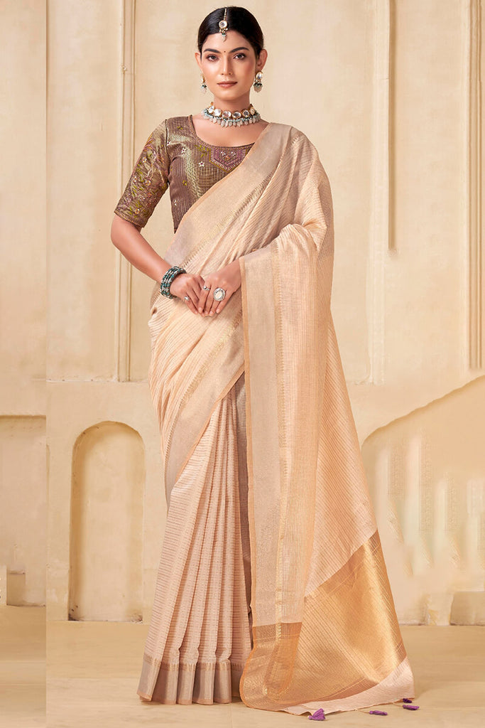 Pavlova Beige Viscose Spun Saree with Embroidery Blouse Piece