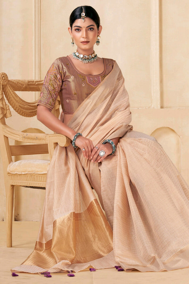 Pavlova Beige Viscose Spun Saree with Embroidery Blouse Piece