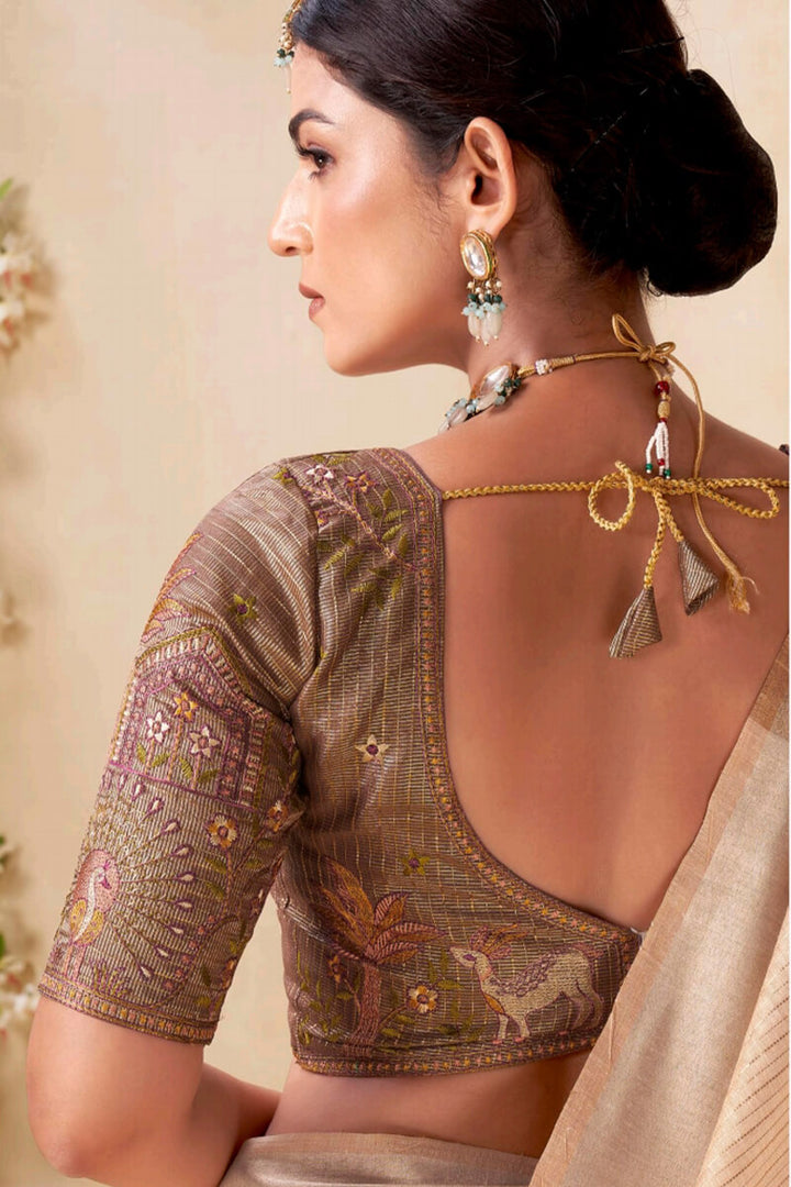Pavlova Beige Viscose Spun Saree with Embroidery Blouse Piece