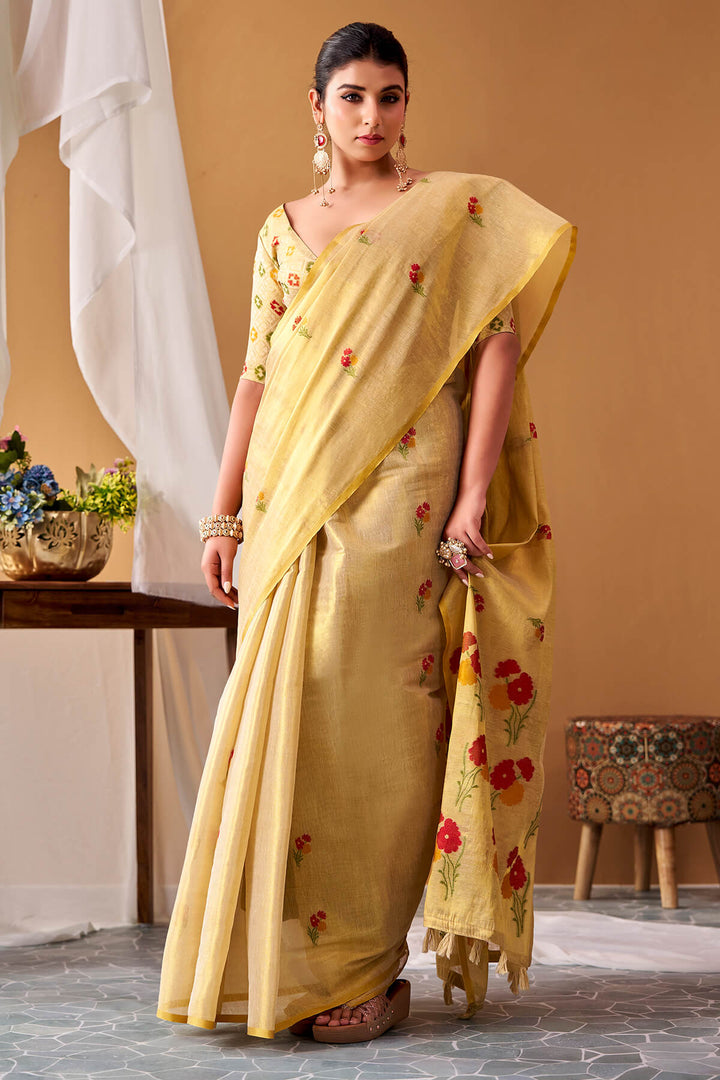 Pavlova Beige Zari Woven Banarasi Tissue Silk Saree