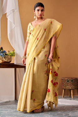 Pavlova Beige Zari Woven Banarasi Tissue Silk Saree