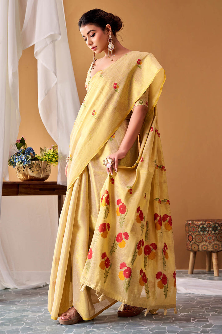 Pavlova Beige Zari Woven Banarasi Tissue Silk Saree
