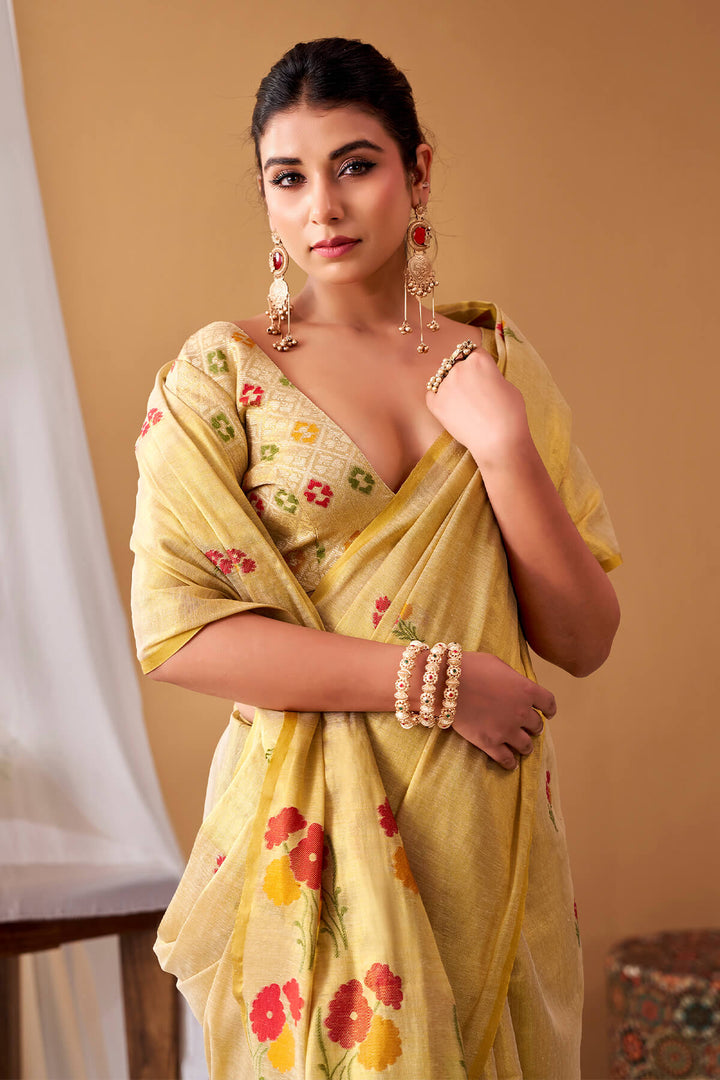 Pavlova Beige Zari Woven Banarasi Tissue Silk Saree