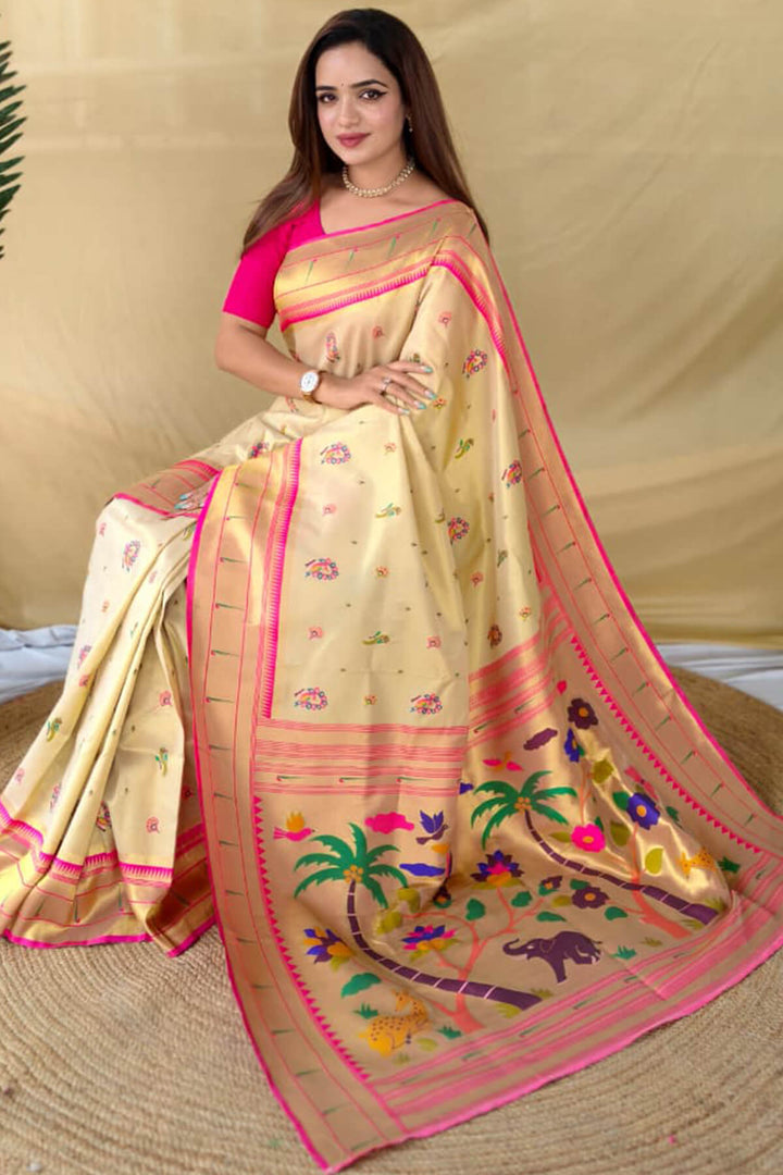 Pavlova Beige Zari Woven Paithani Tissue Silk Saree