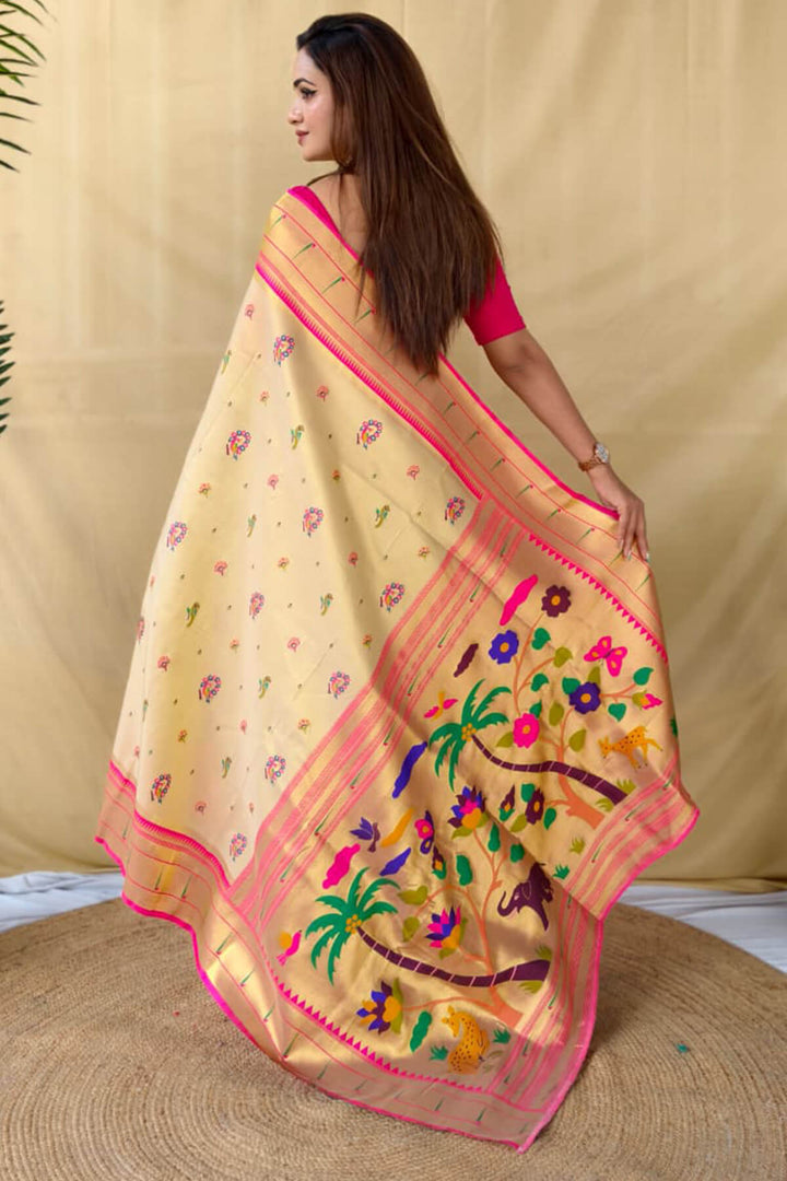 Pavlova Beige Zari Woven Paithani Tissue Silk Saree