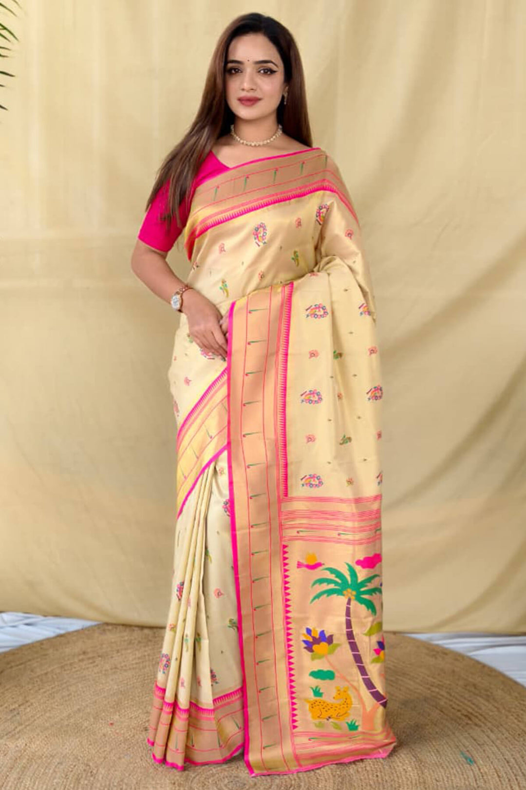 Pavlova Beige Zari Woven Paithani Tissue Silk Saree