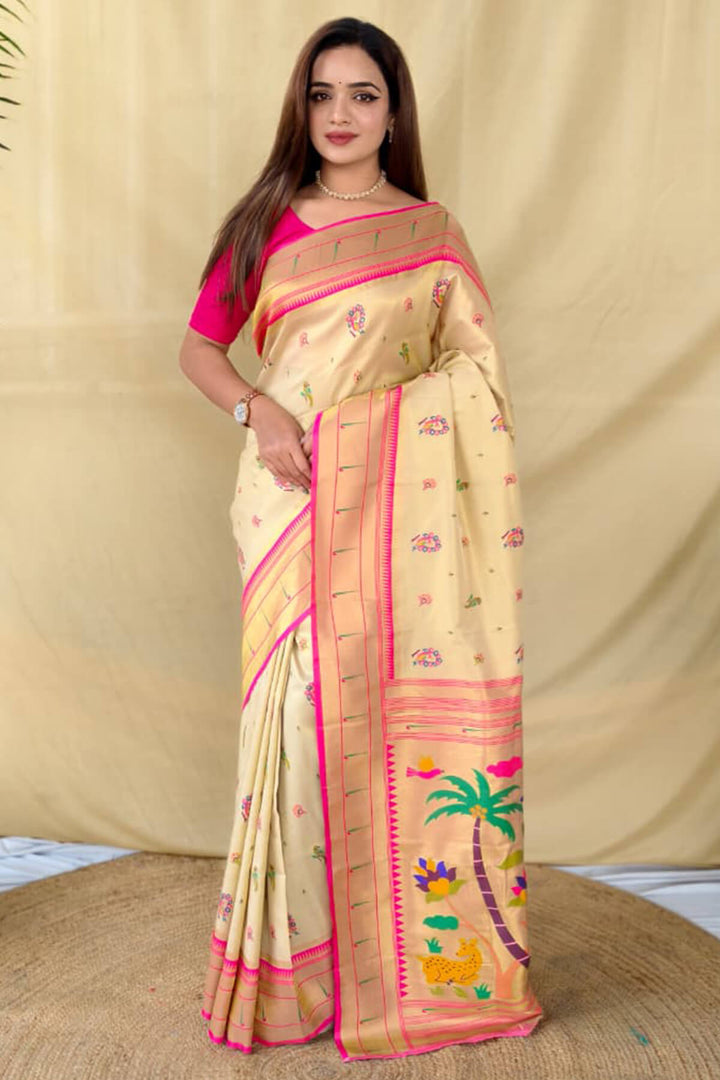 Pavlova Beige Zari Woven Paithani Tissue Silk Saree