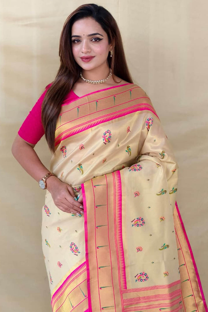 Pavlova Beige Zari Woven Paithani Tissue Silk Saree