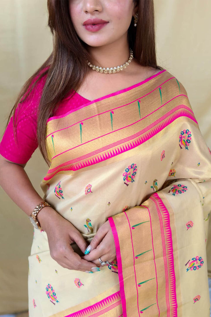 Pavlova Beige Zari Woven Paithani Tissue Silk Saree