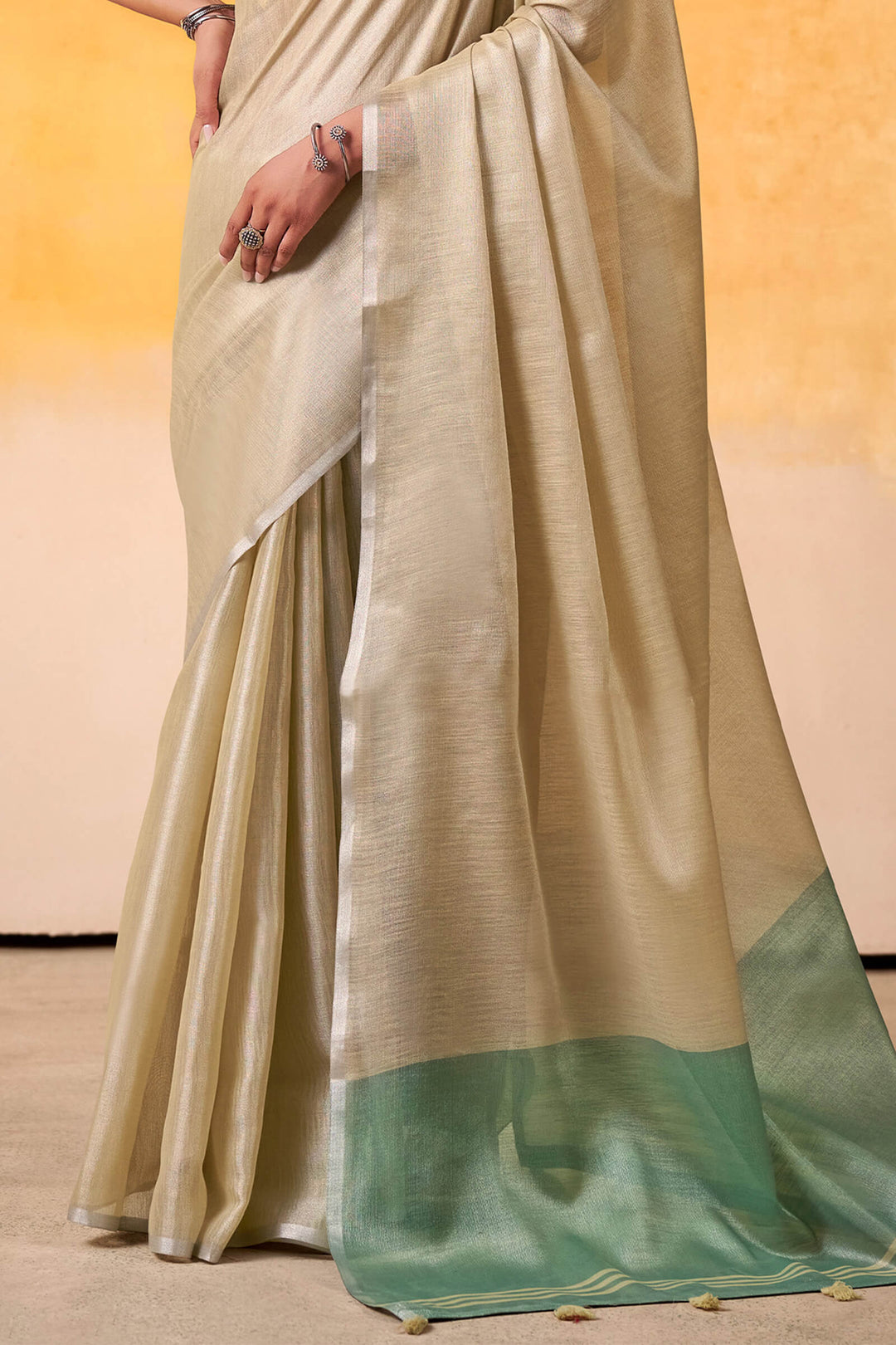 Pavlova Beige Zari Woven Tissue Silk Saree