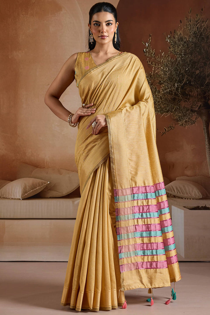 Peach Yellow Bhagalpuri Silk Saree