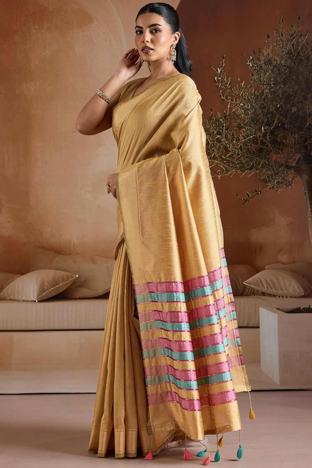 Peach Yellow Bhagalpuri Silk Saree
