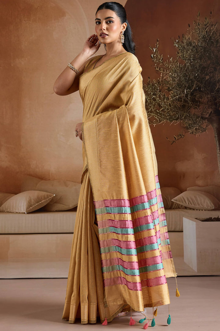 Peach Yellow Bhagalpuri Silk Saree