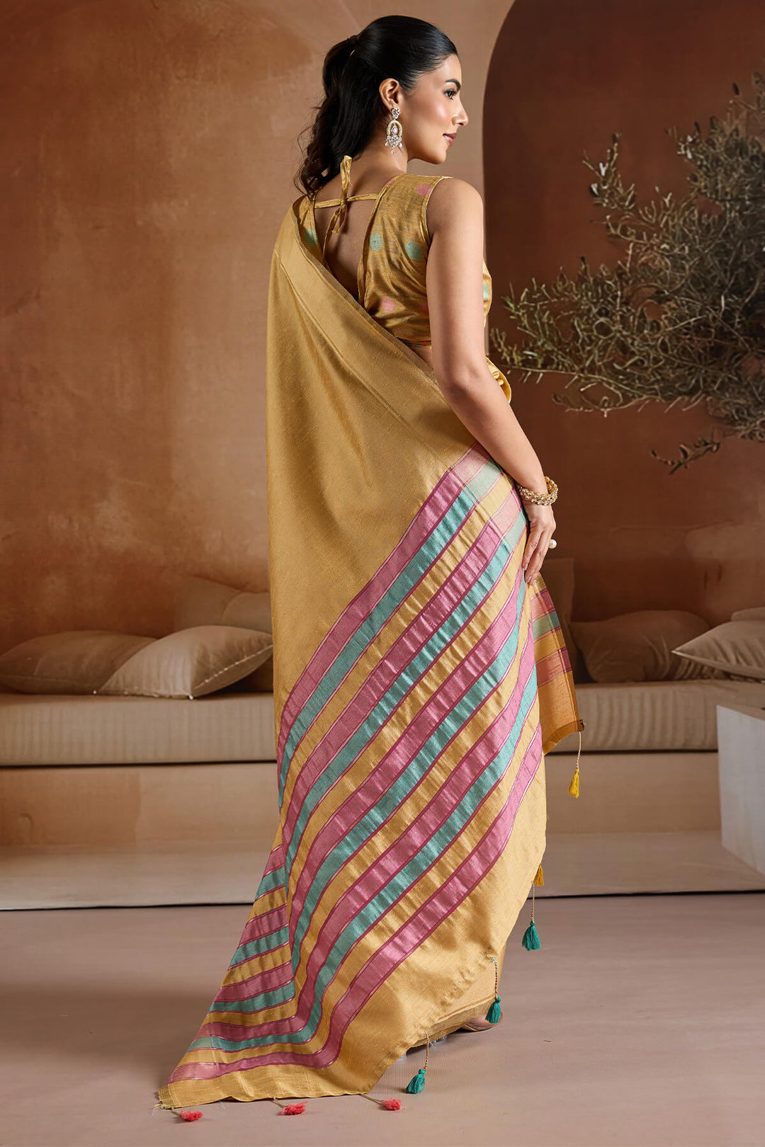 Peach Yellow Bhagalpuri Silk Saree