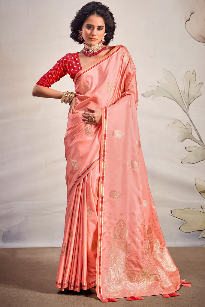 Peachy Pink Banarasi Satin Silk Saree