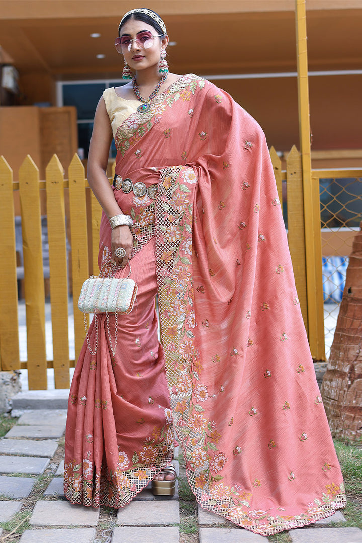 Peachy Pink Embroidered Work Designer Saree